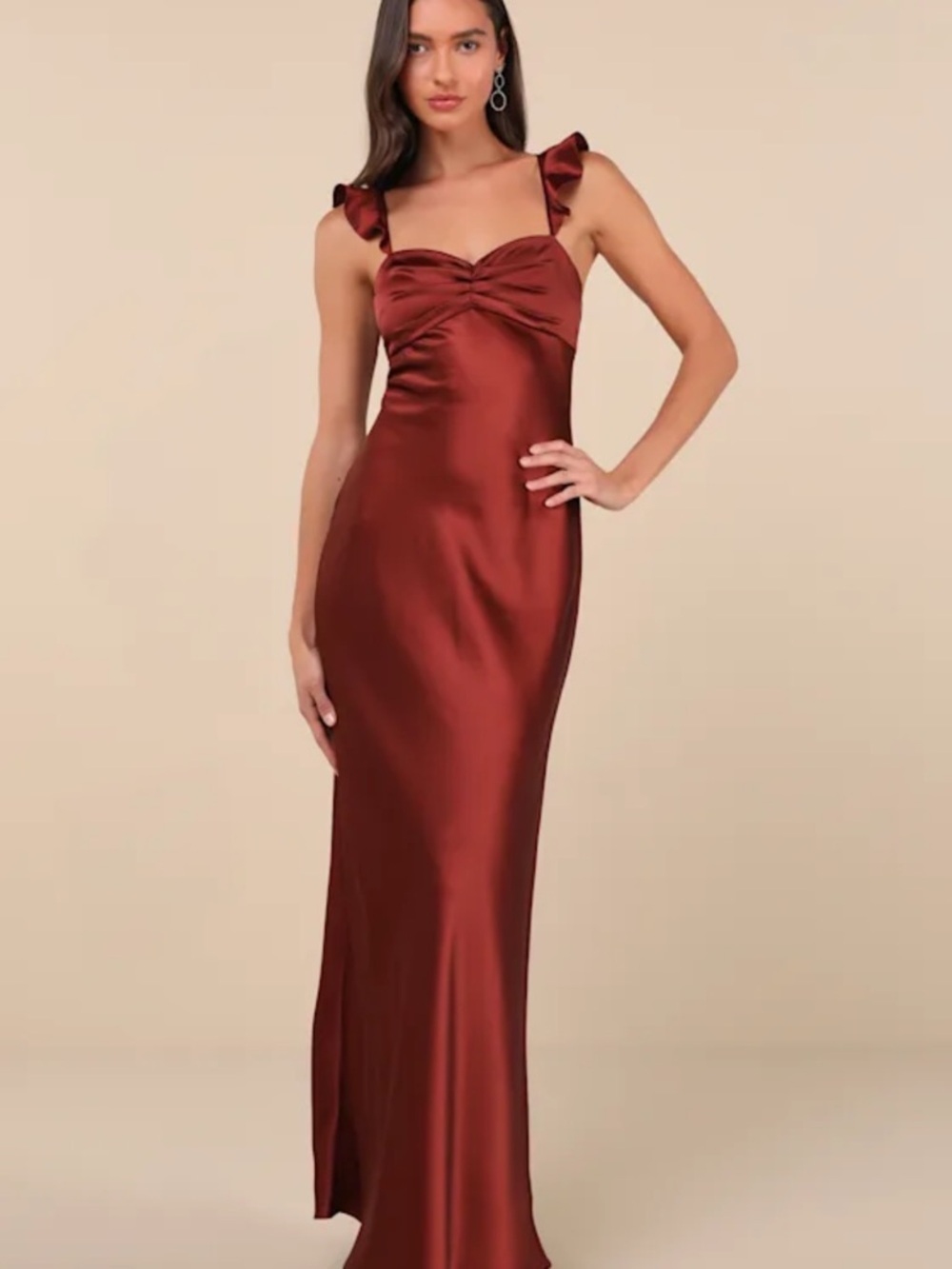 Lulu's Exuberant Luxury Rust Satin Ruffled Lace-Up Maxi Dress